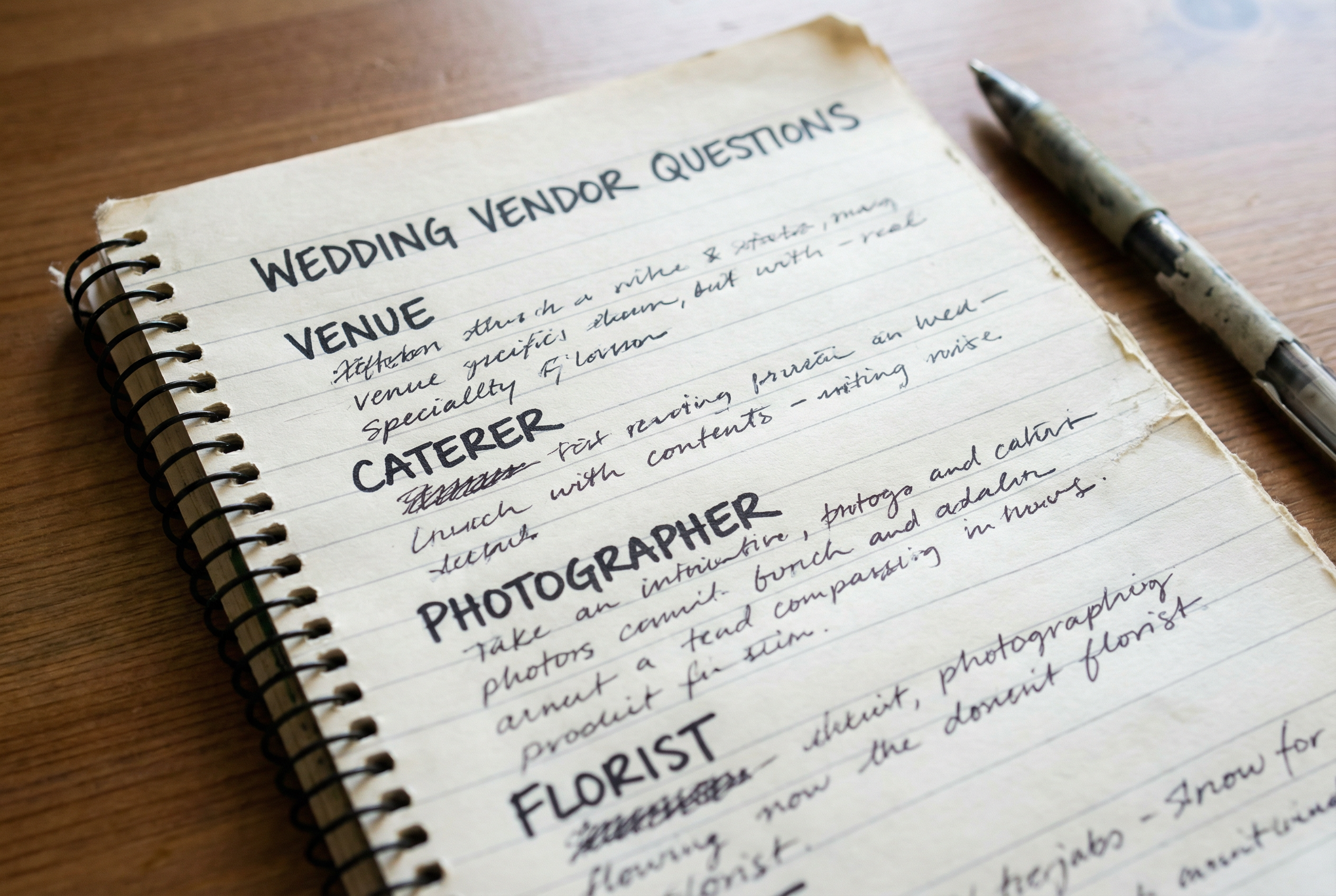 Notepad with wedding vendor questions written down