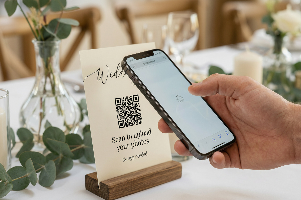 Guest scanning QR code to upload wedding photos without an app