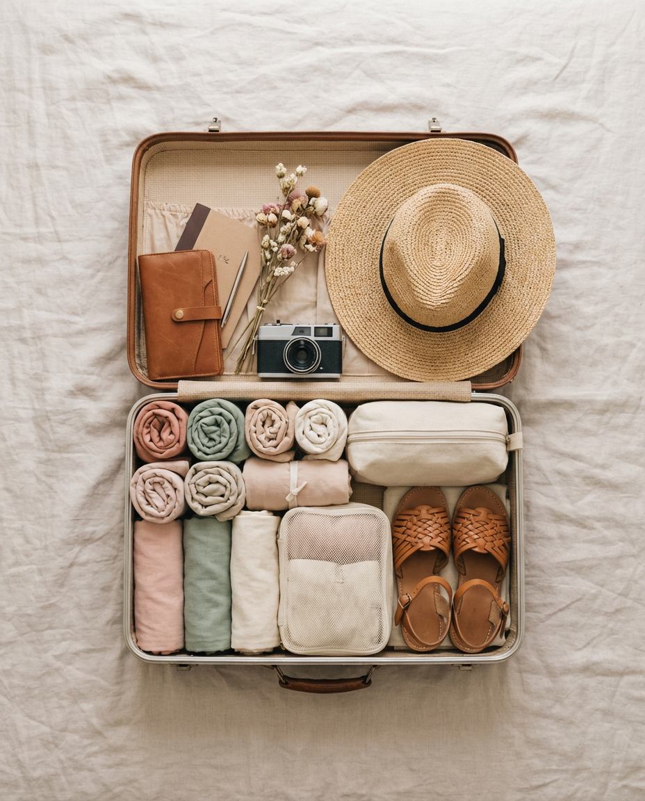 Open suitcase neatly packed with rolled clothes, packing cubes, sandals, a hat and travel accessories on a light bedspread.