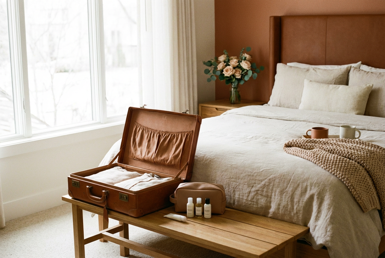 Open suitcase and toiletry bag on a bench in a cozy honeymoon hotel room with a neatly made bed and flowers.