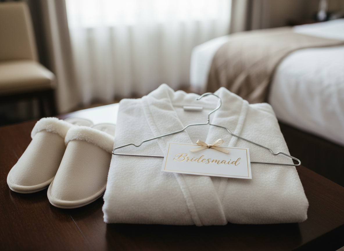Matching robes and soft slippers laid out for the bride and bridal party on the wedding morning.