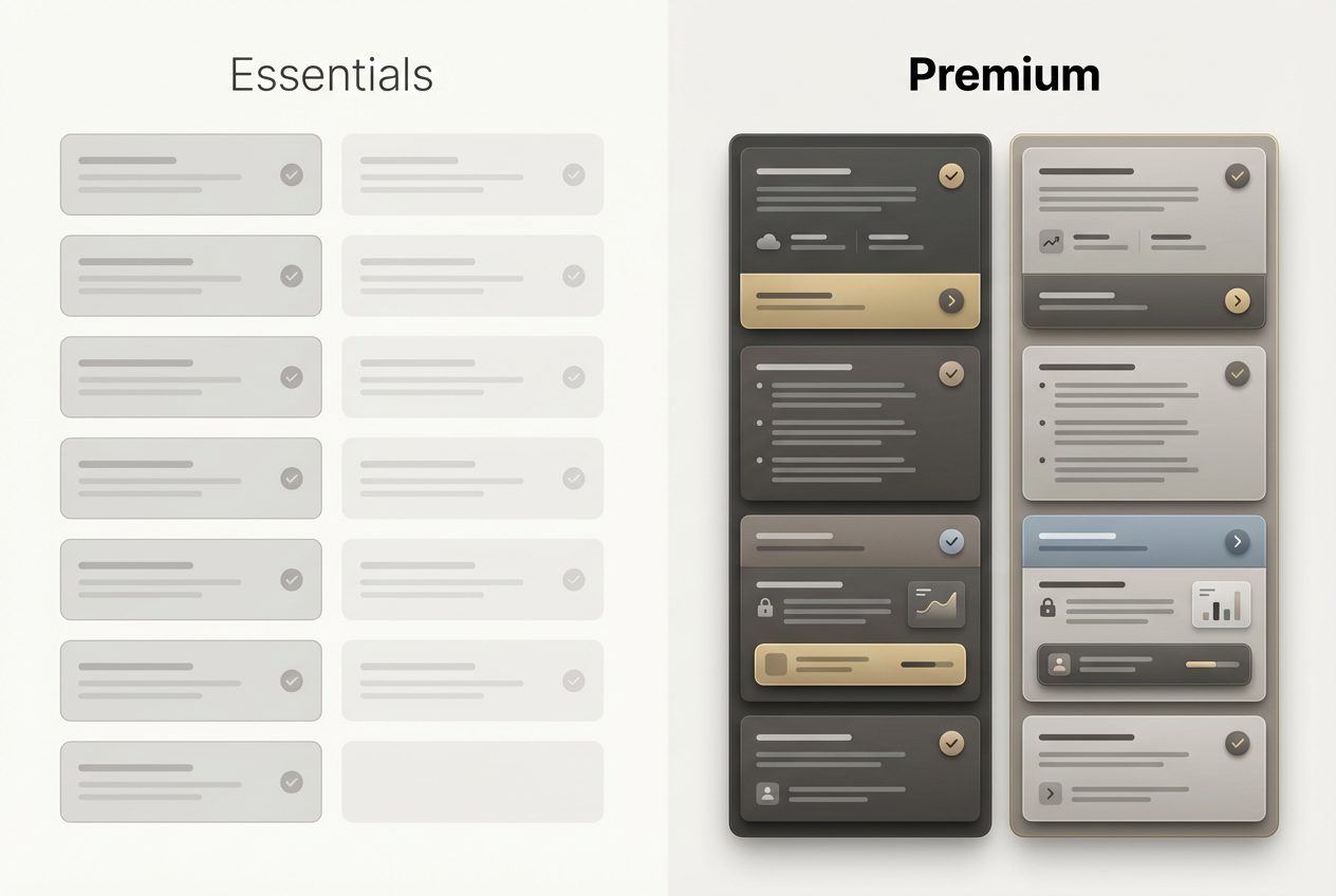 Minimal comparison graphic showing essentials versus premium website features.
