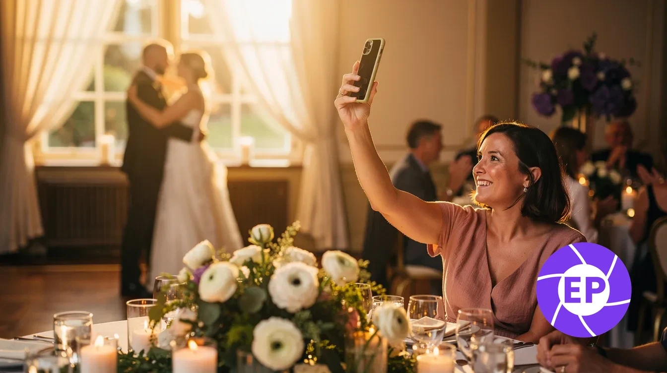 Una pareja de novios riendo durante su primer baile mientras los invitados a la boda captan fotos con sus teléfonos.