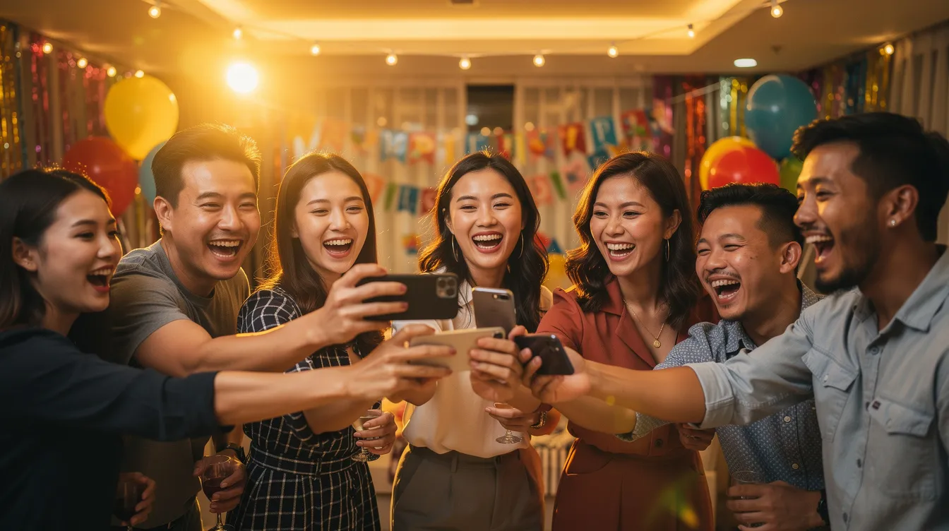 Un grupo de invitados en una celebración bajo techo, riendo y sosteniendo sus teléfonos para fotografiarse entre ellos, con un ambiente cálido.