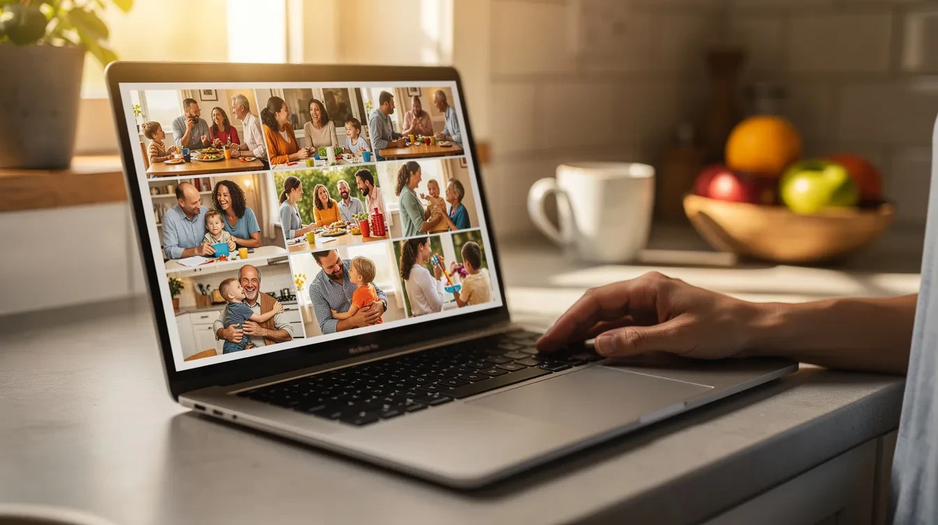 Una laptop abierta sobre la mesada de la cocina, con la pantalla mostrando una cuadrícula ordenada de fotos espontáneas y coloridas de una reunión familiar.