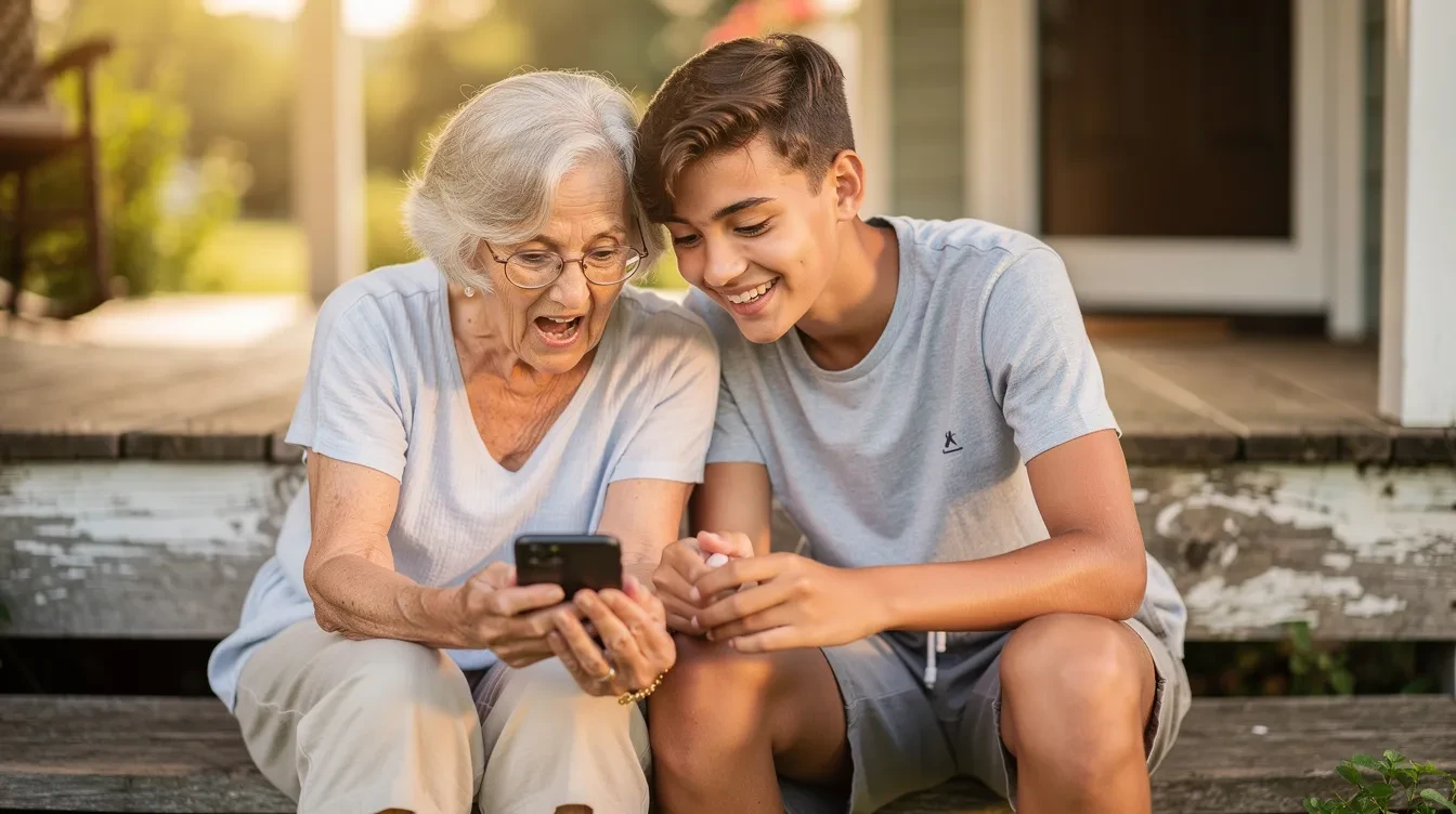 Una abuela y su nieta adolescente sentadas juntas en los escalones de un porche de madera, inclinadas para mirar juntas la pantalla de un teléfono.