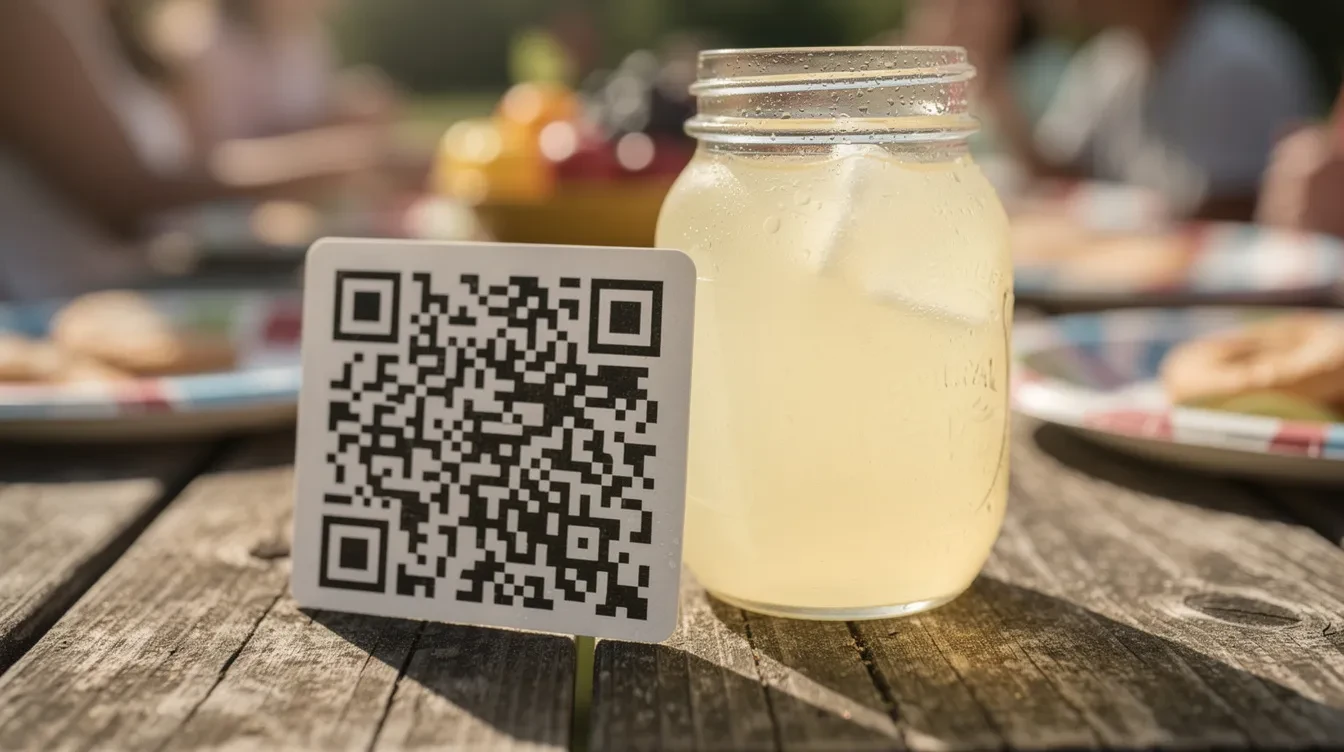 Un pequeño cartel impreso con un código QR apoyado contra un frasco de limonada sobre una mesa de picnic de madera desgastada, en una reunión familiar al aire libre.