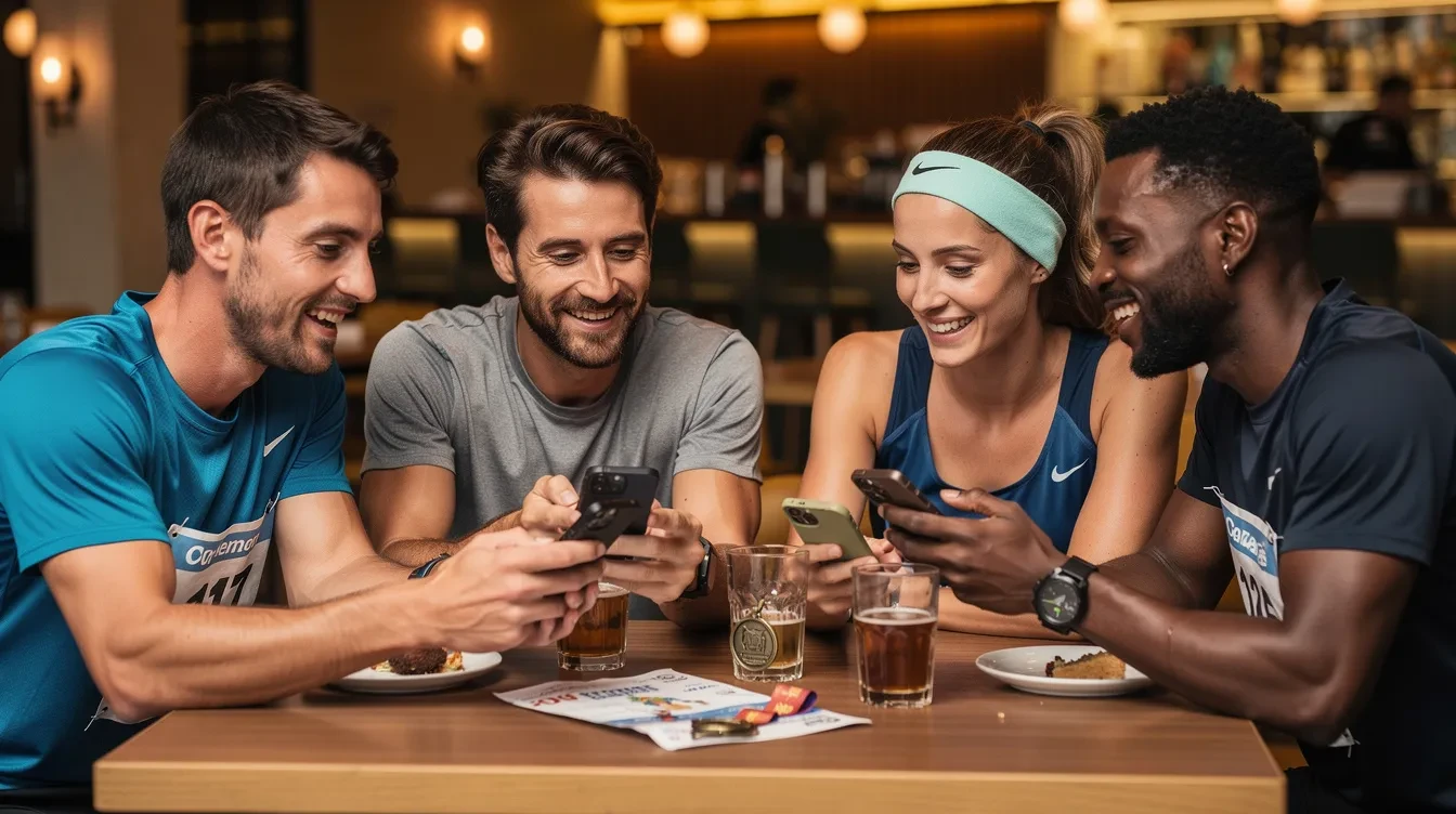 Un pequeño grupo de cuatro personas con ropa informal de día de carrera se sienta alrededor de una mesa de restaurante después de la carrera.