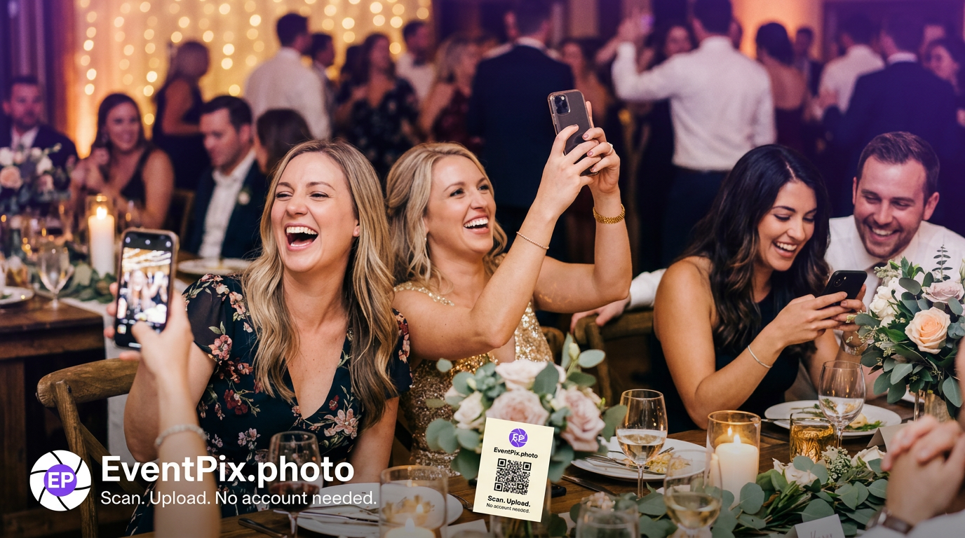 Invitados escaneando un código QR para subir fotos a una galería compartida del evento