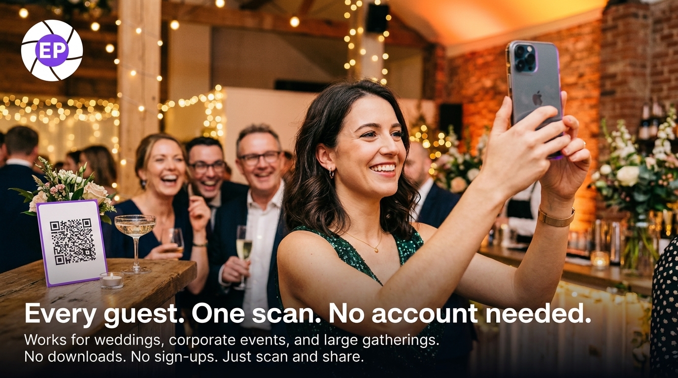 Guests watching a live event slideshow while uploading photos by QR code