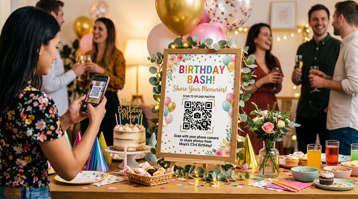 A birthday party table with a decorated sign showing a QR code that guests scan to share their photos.