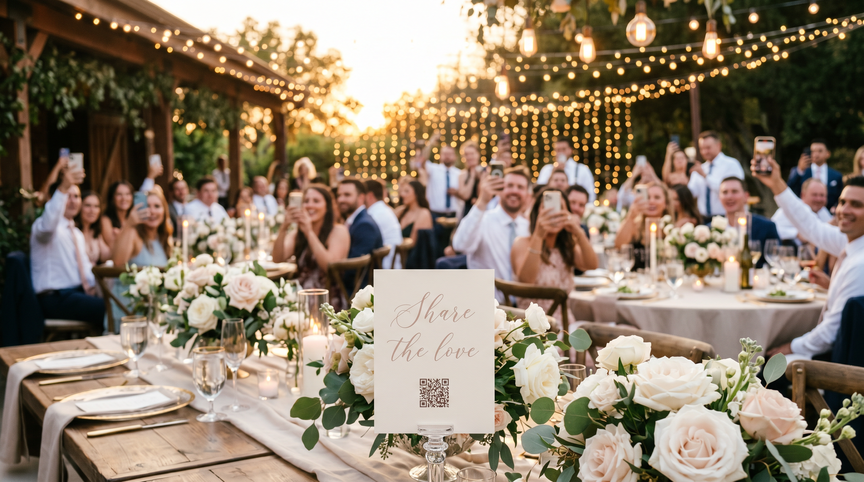 Invitados de boda subiendo fotos con un código QR