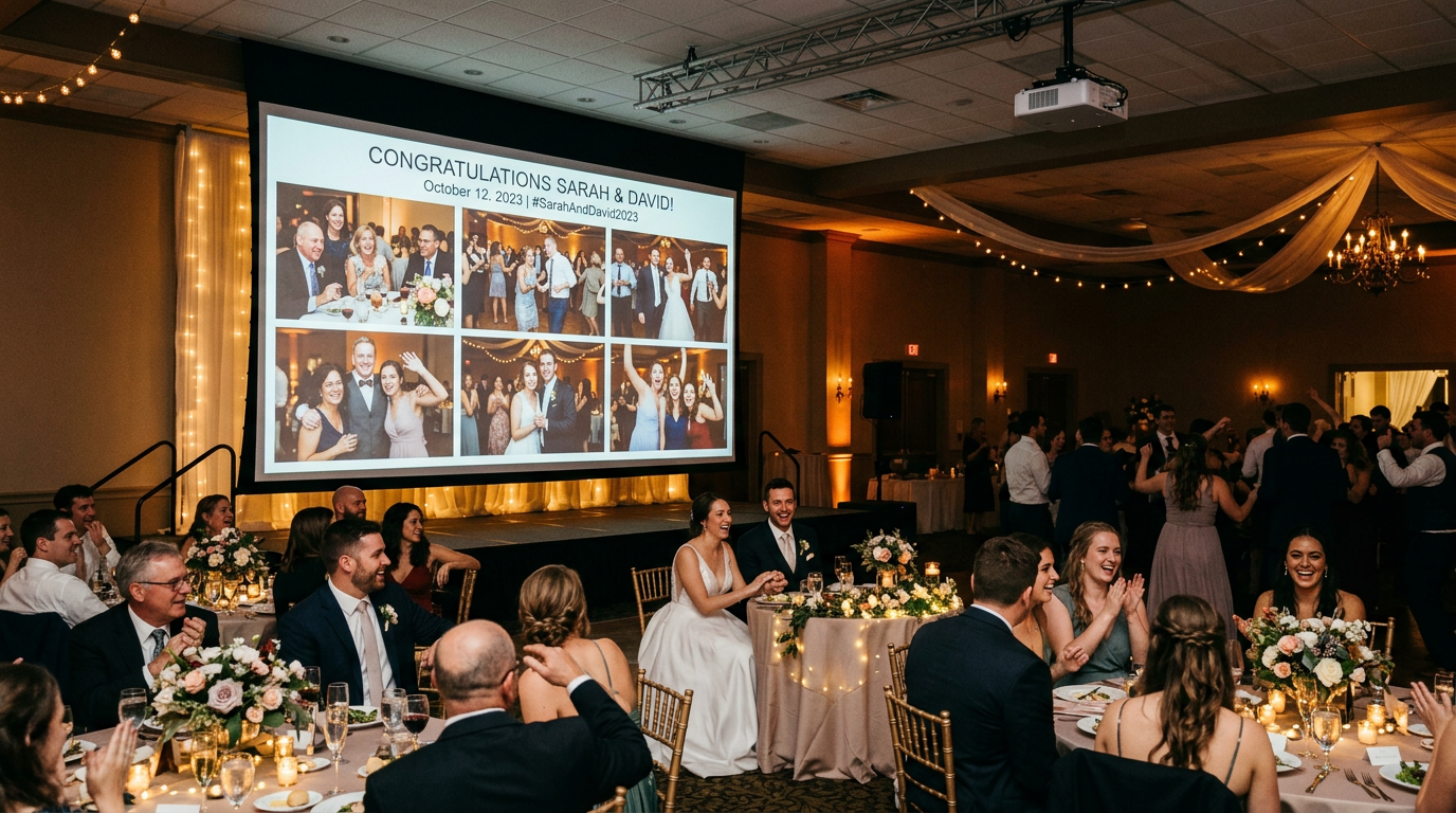 Guest photos appearing on a live slideshow projected on a screen during a wedding reception.