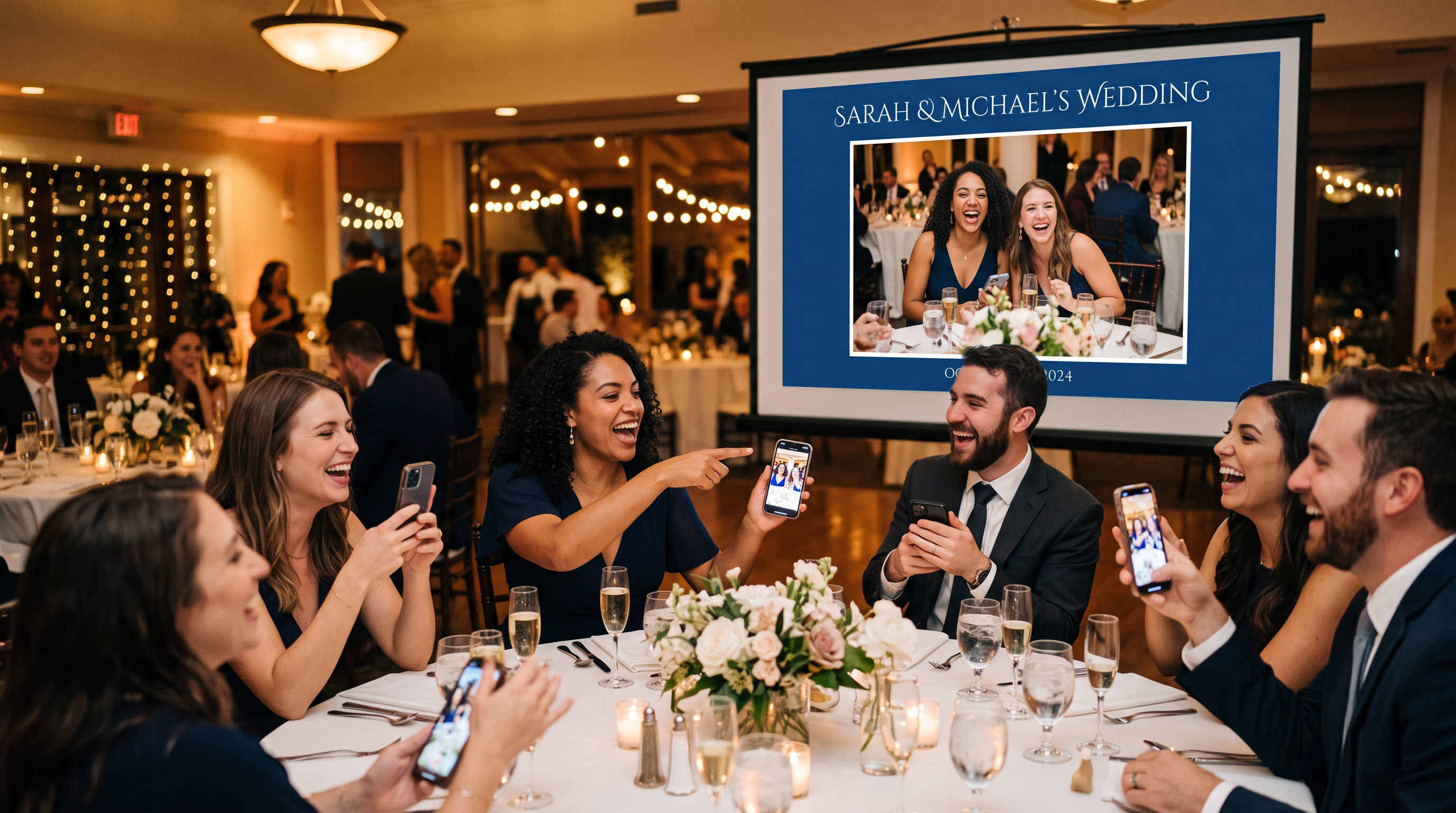 Wedding guests laughing and holding up their phones, one pointing at the screen where their just-uploaded photo has appeared.