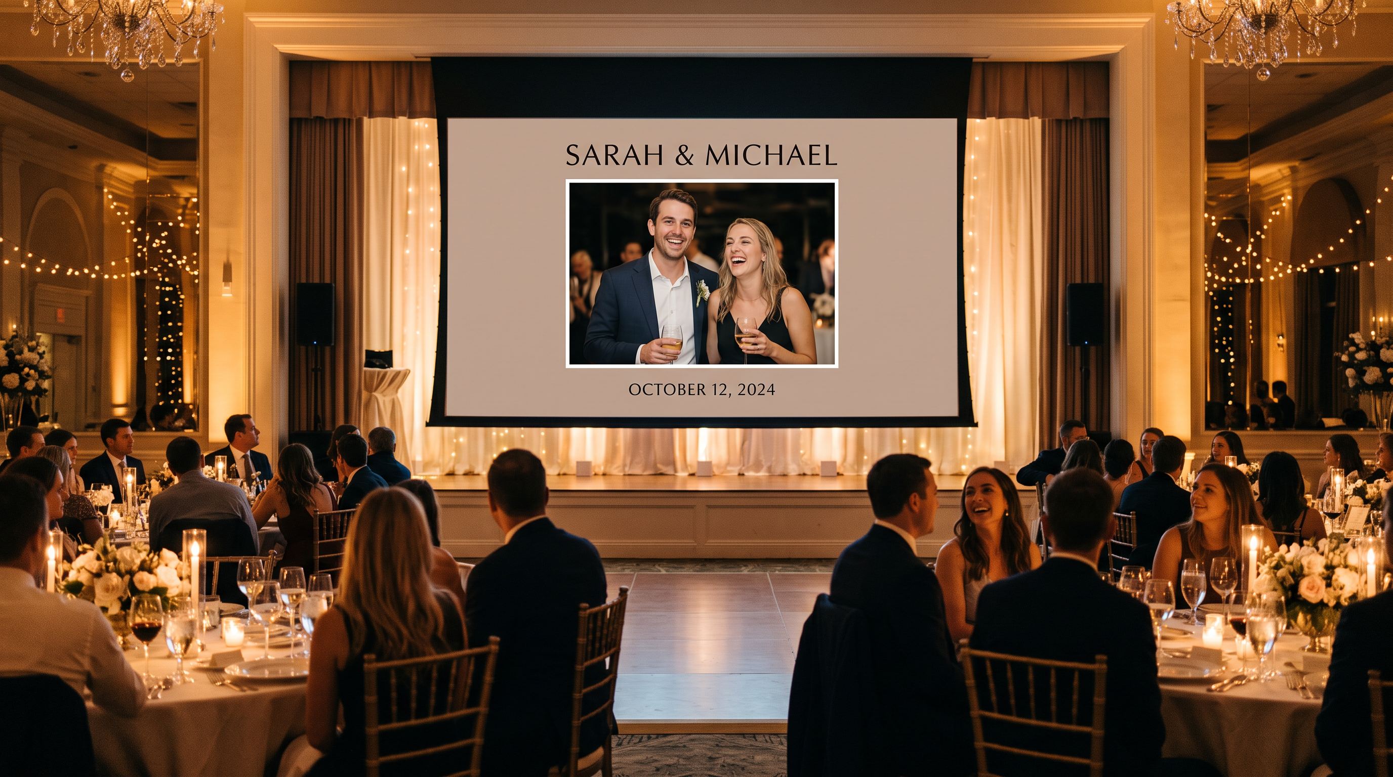 A guest photo on the reception screen wrapped in a custom frame showing the couple's first names and wedding date along the border.