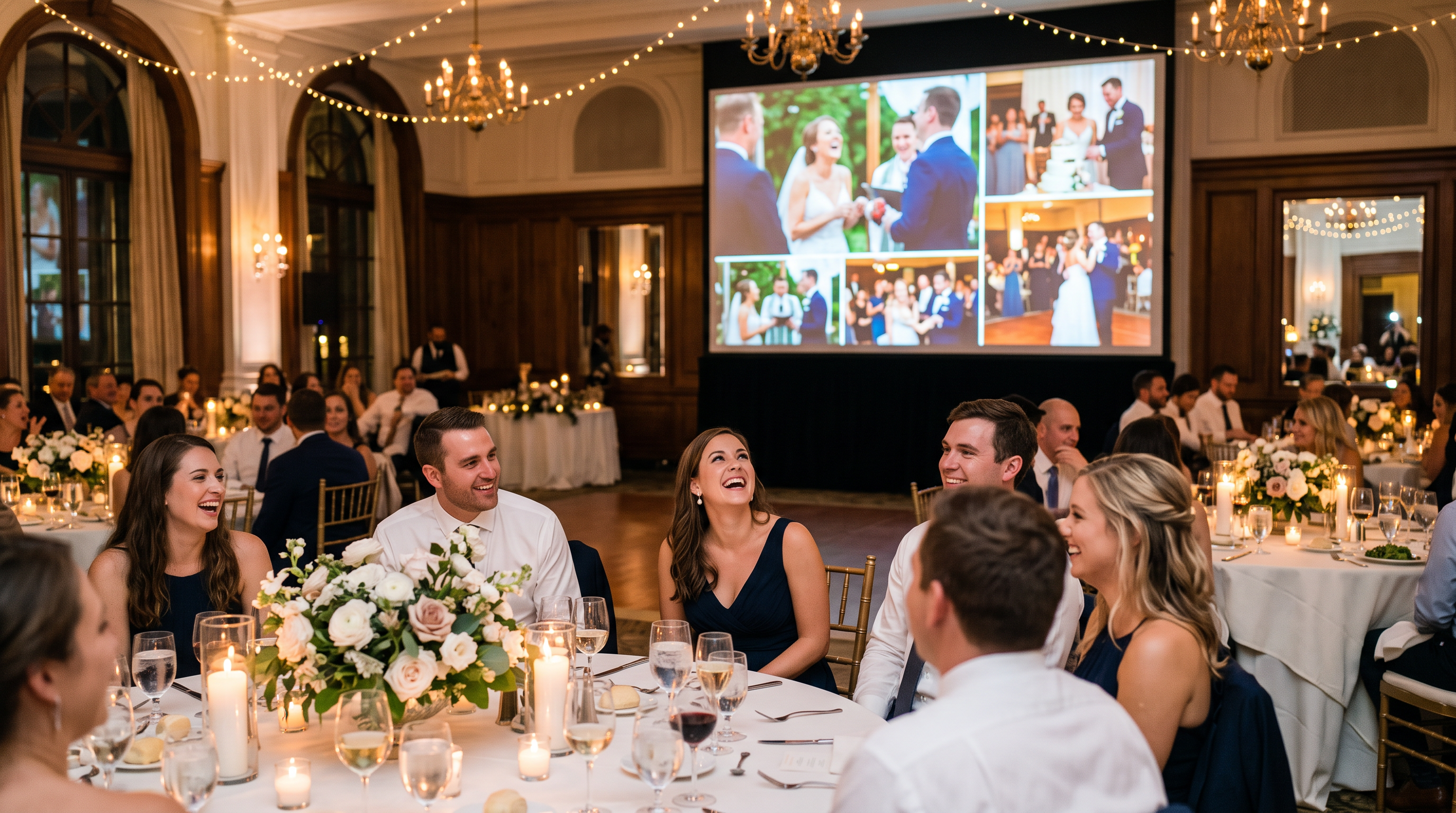Wedding guests seated at a reception table looking up at a large screen showing a live slideshow of photos from the night.