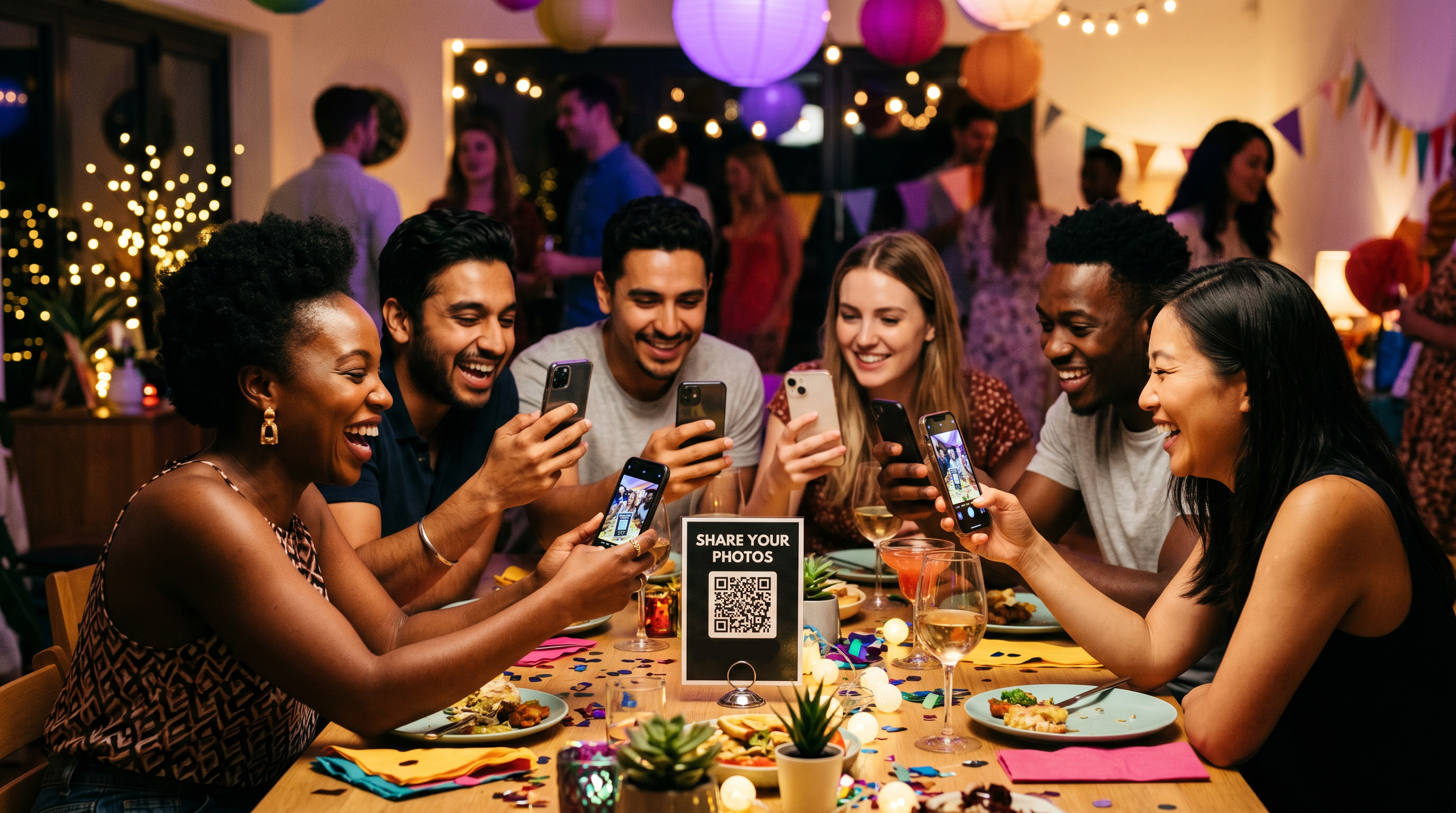 Un grupo de amigos escaneando un código QR para compartir fotos