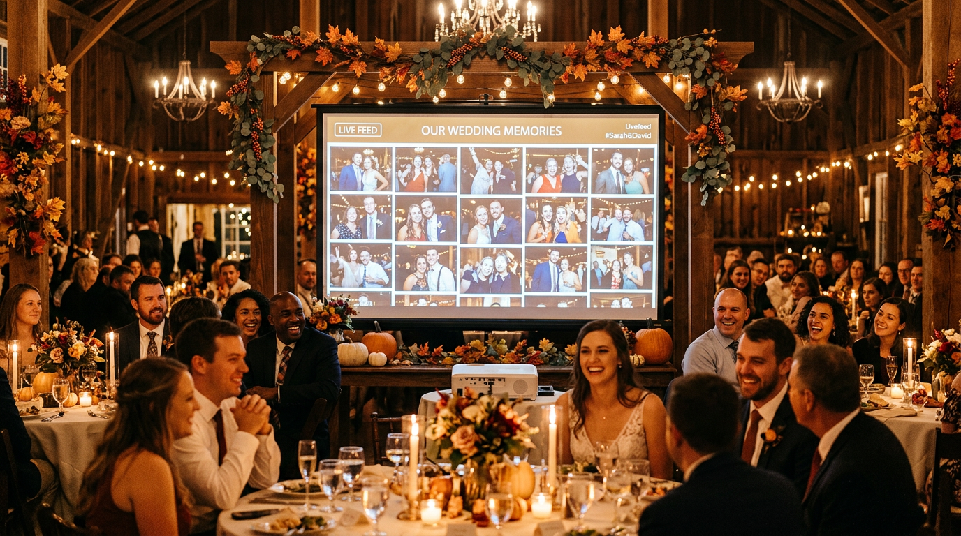 Wedding guest photos appearing on a live slideshow screen at a candlelit fall reception.