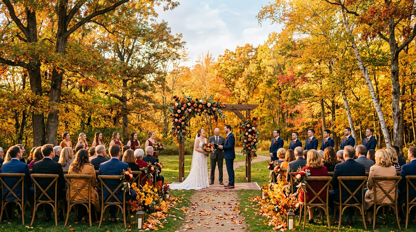 An outdoor fall wedding ceremony framed by trees with turning autumn leaves in golden afternoon light.