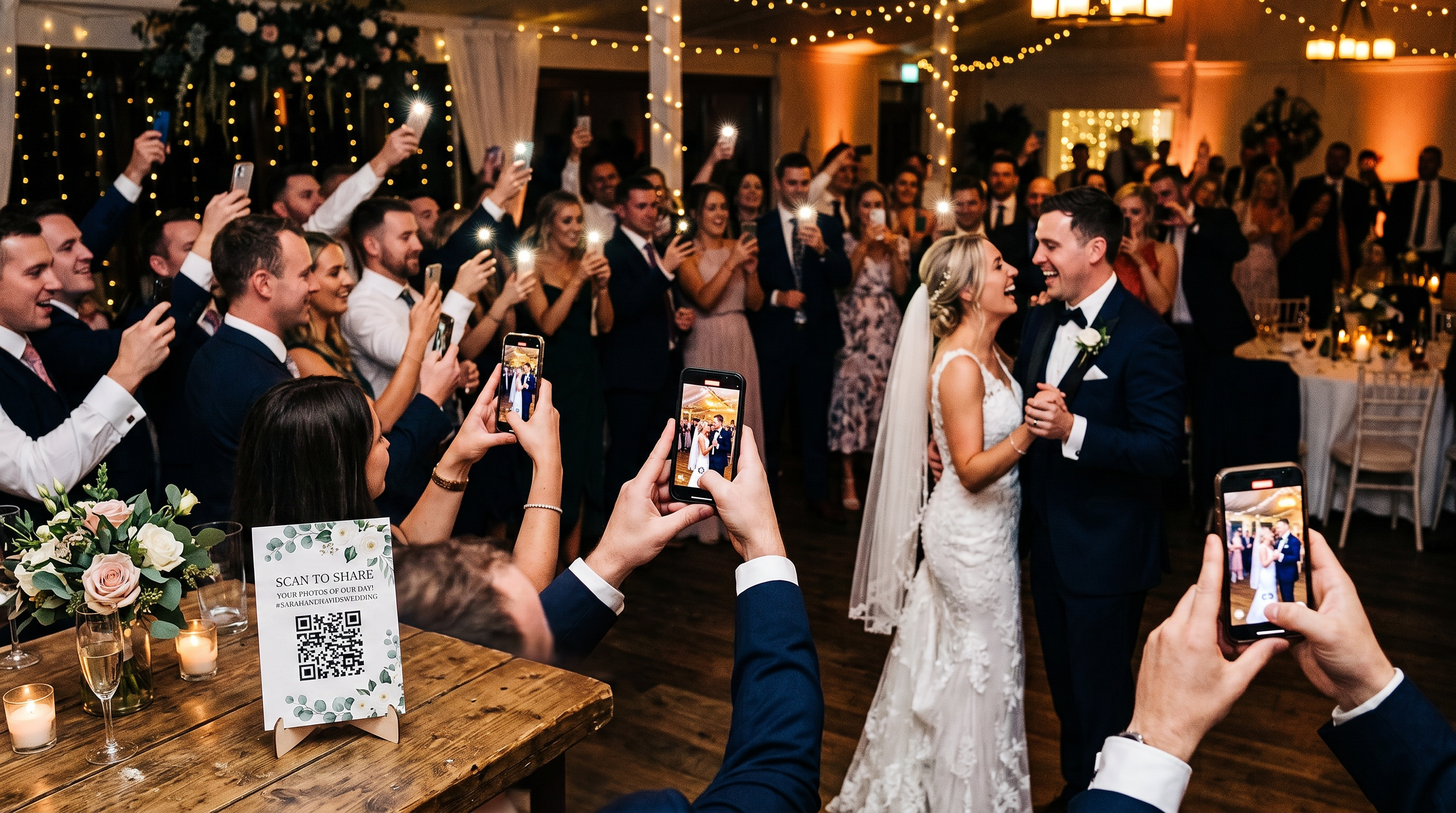 Wedding guests holding up phones to photograph the couple's first dance, with a small table QR code card in the foreground.
