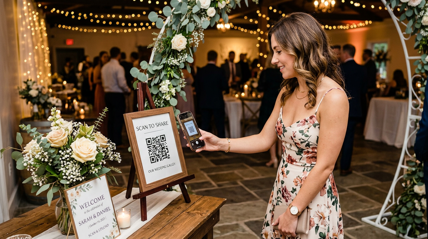 A wedding guest holding up a phone to scan a QR code sign at the reception entrance.