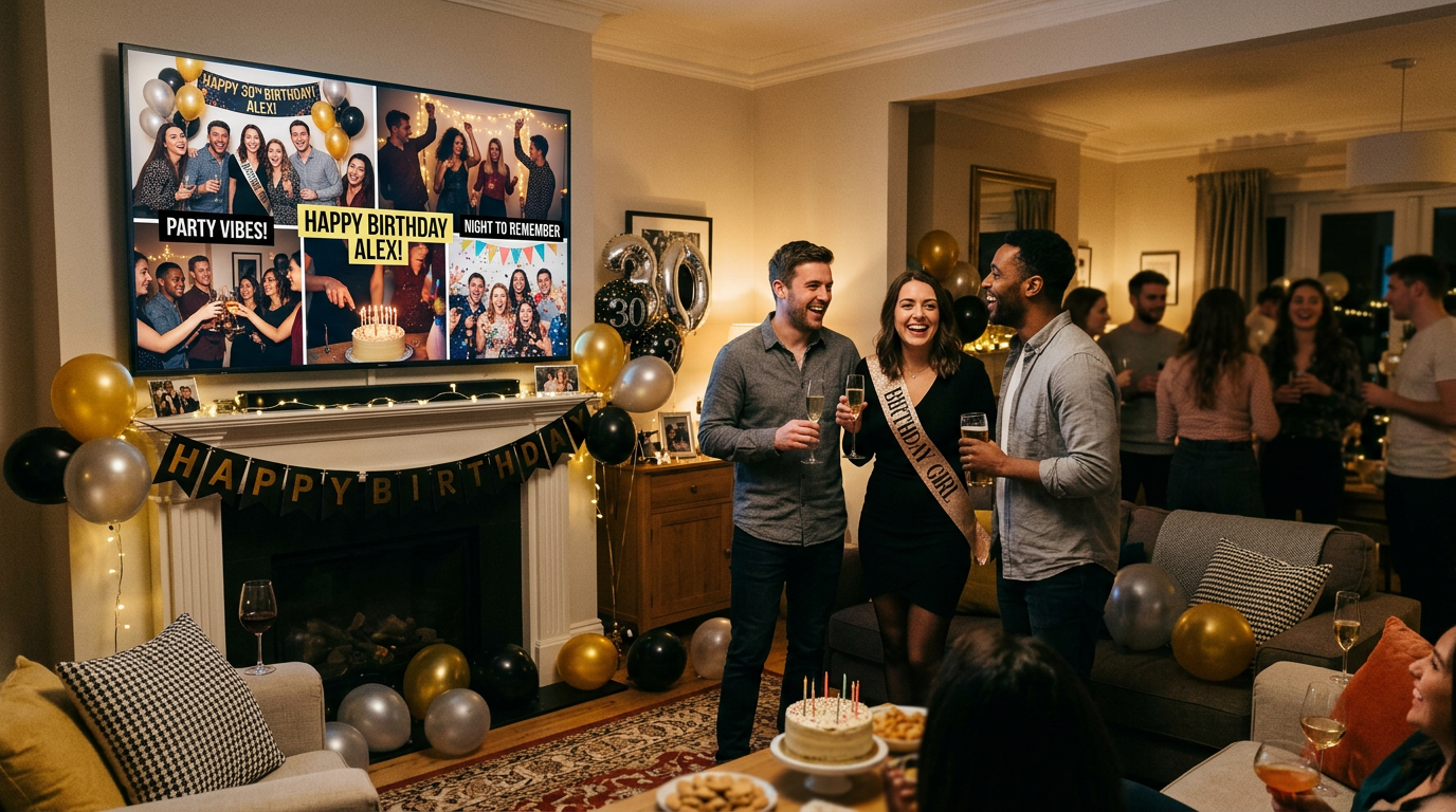 Party photos appearing on a living room TV as a live slideshow during a birthday celebration.
