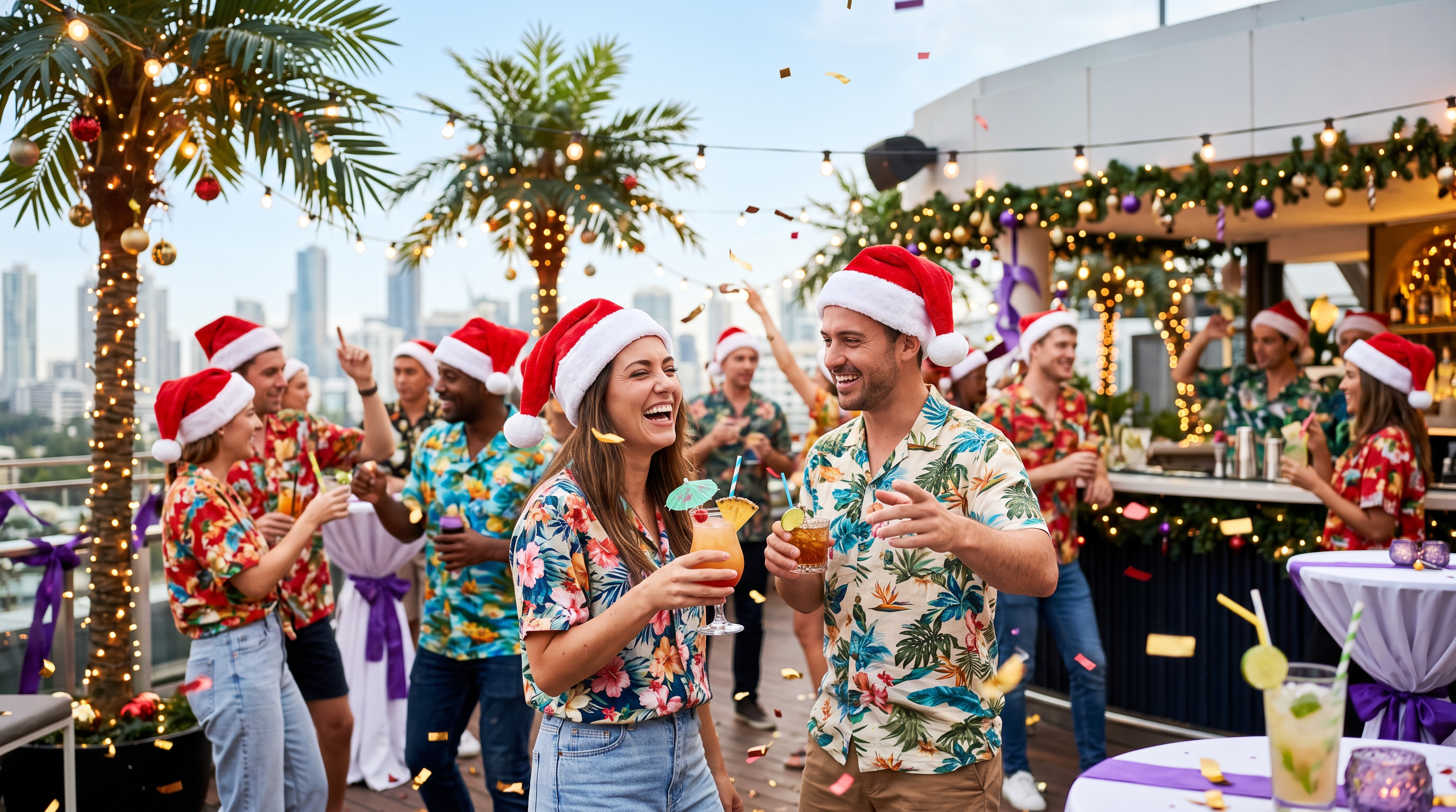 Compañeros de trabajo celebrando una fiesta de Navidad en julio
