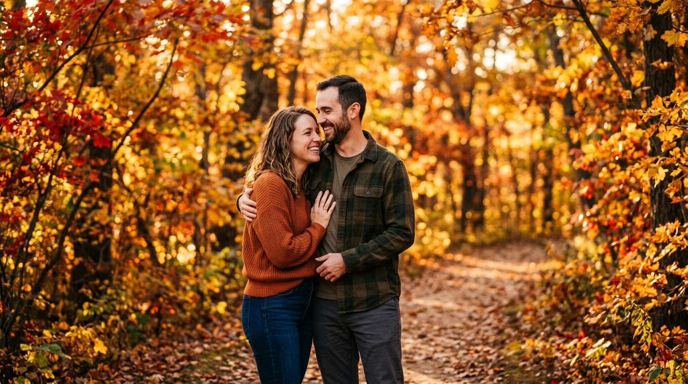 A couple posing for golden-hour portraits among trees with red and gold autumn leaves.